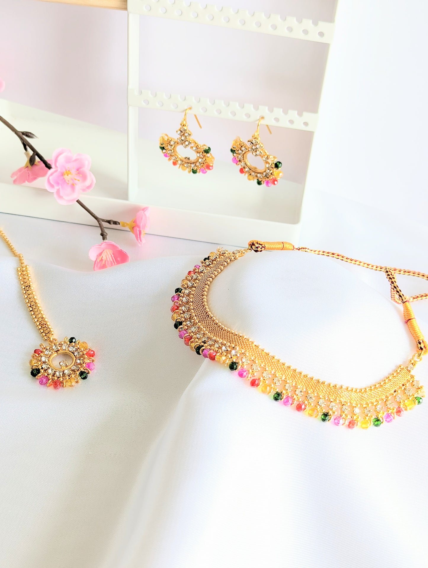 Golden Set With Multicolour Beads / Green Beads