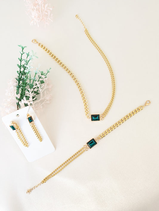 Green Stone Layer Necklace Set With Bracelet and Earrings