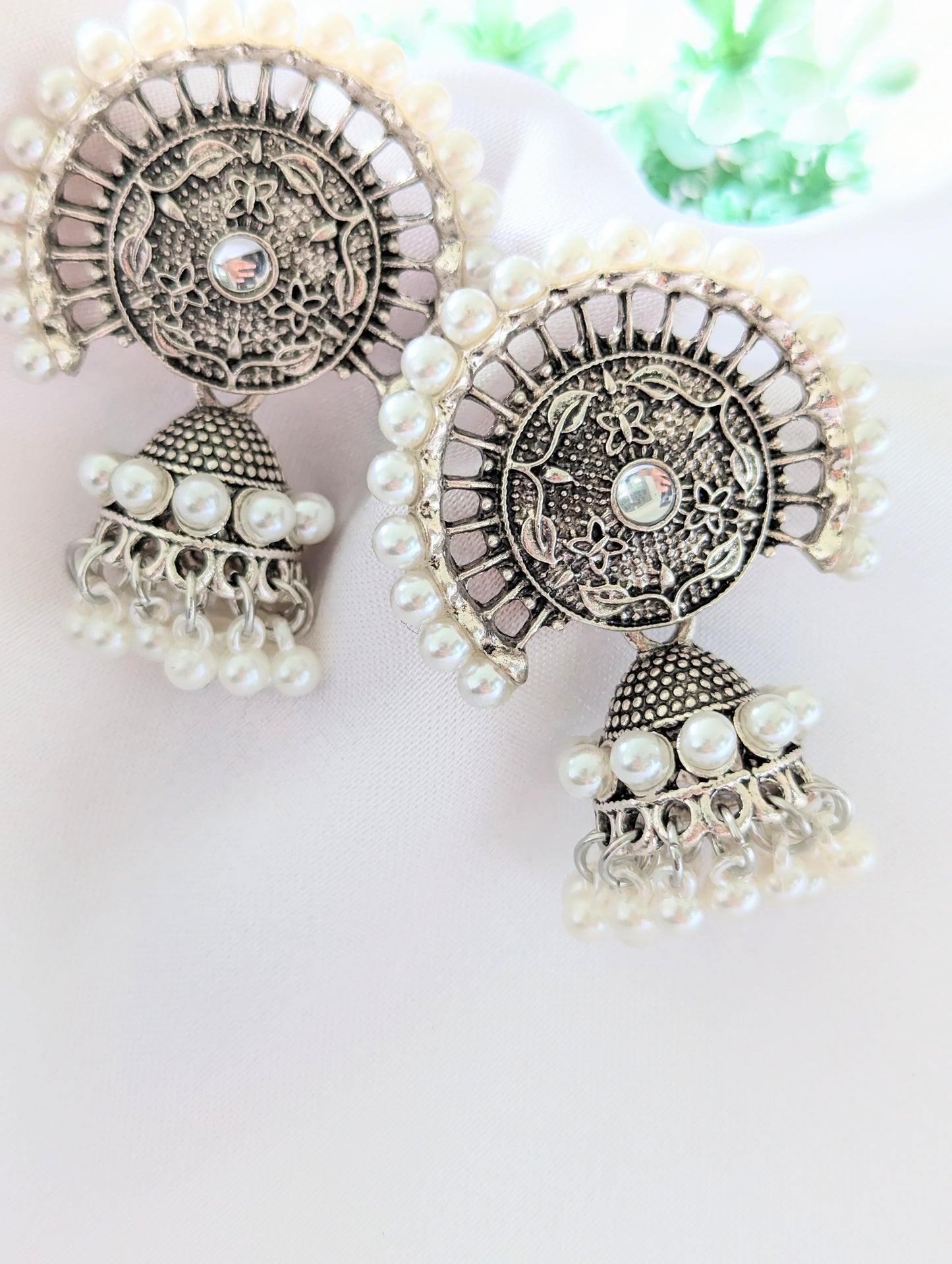 Semi-Circle White Pearl Silver Jhumki