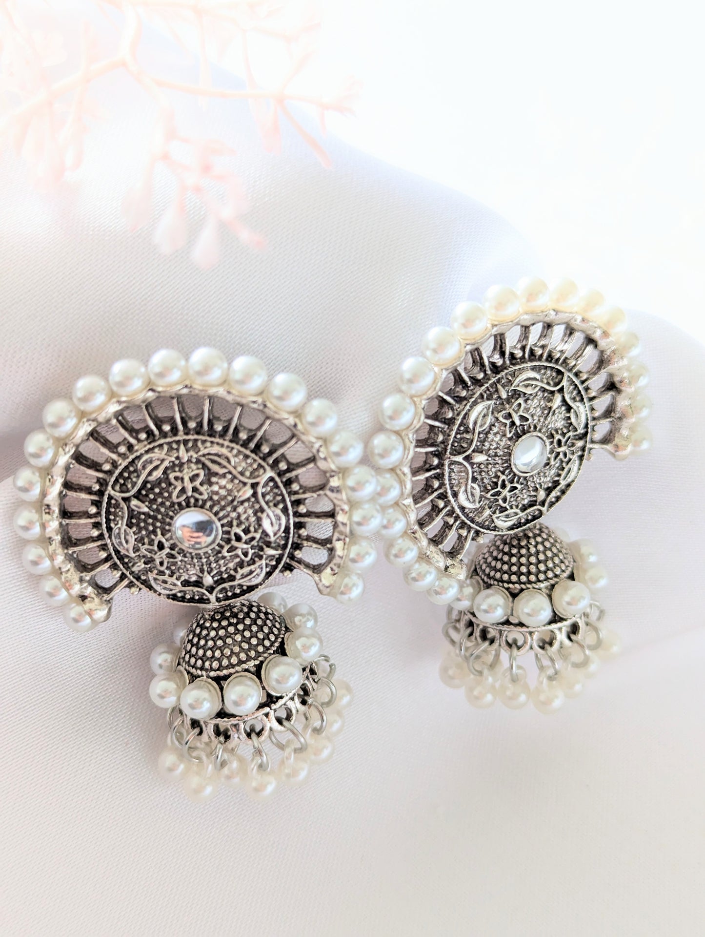 Semi-Circle White Pearl Silver Jhumki