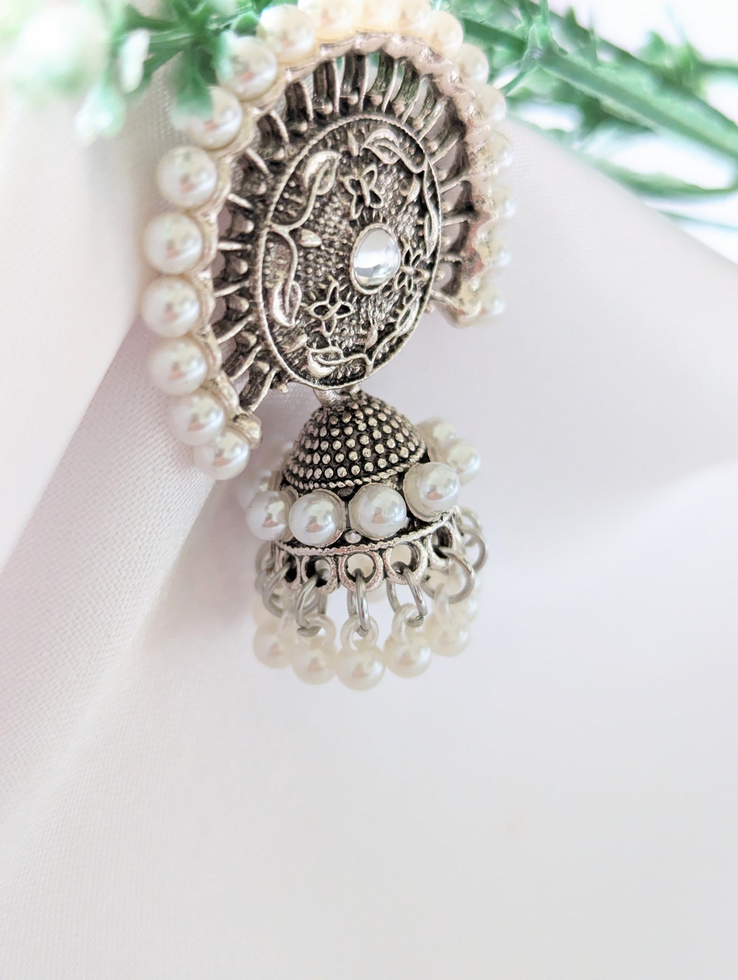 Semi-Circle White Pearl Silver Jhumki