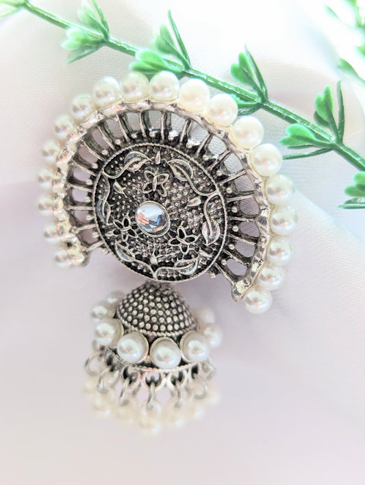 Semi-Circle White Pearl Silver Jhumki