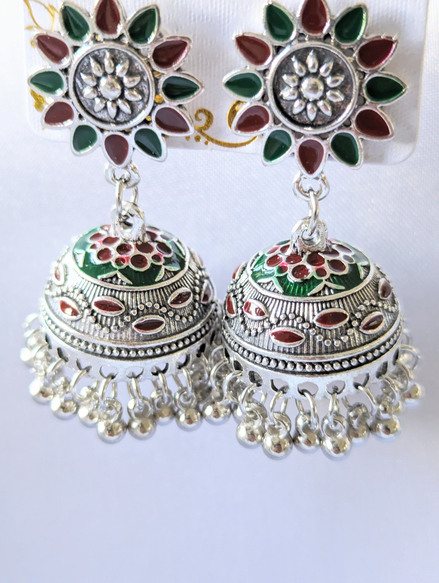 Green & Red Flower Silver Jhumki