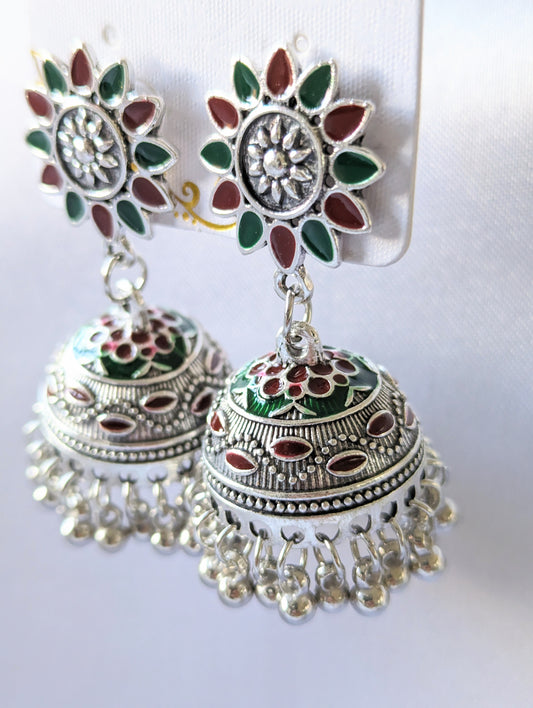 Green & Red Flower Silver Jhumki