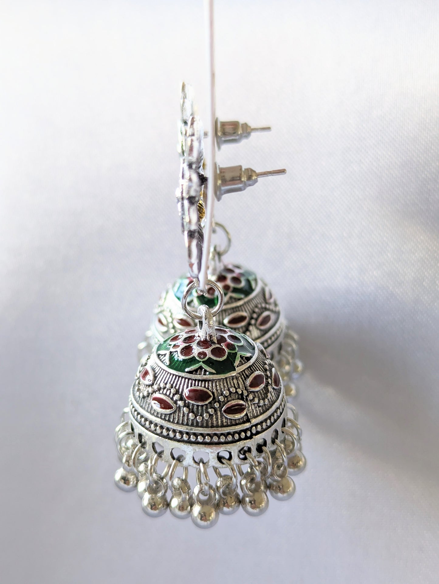 Green & Red Flower Silver Jhumki