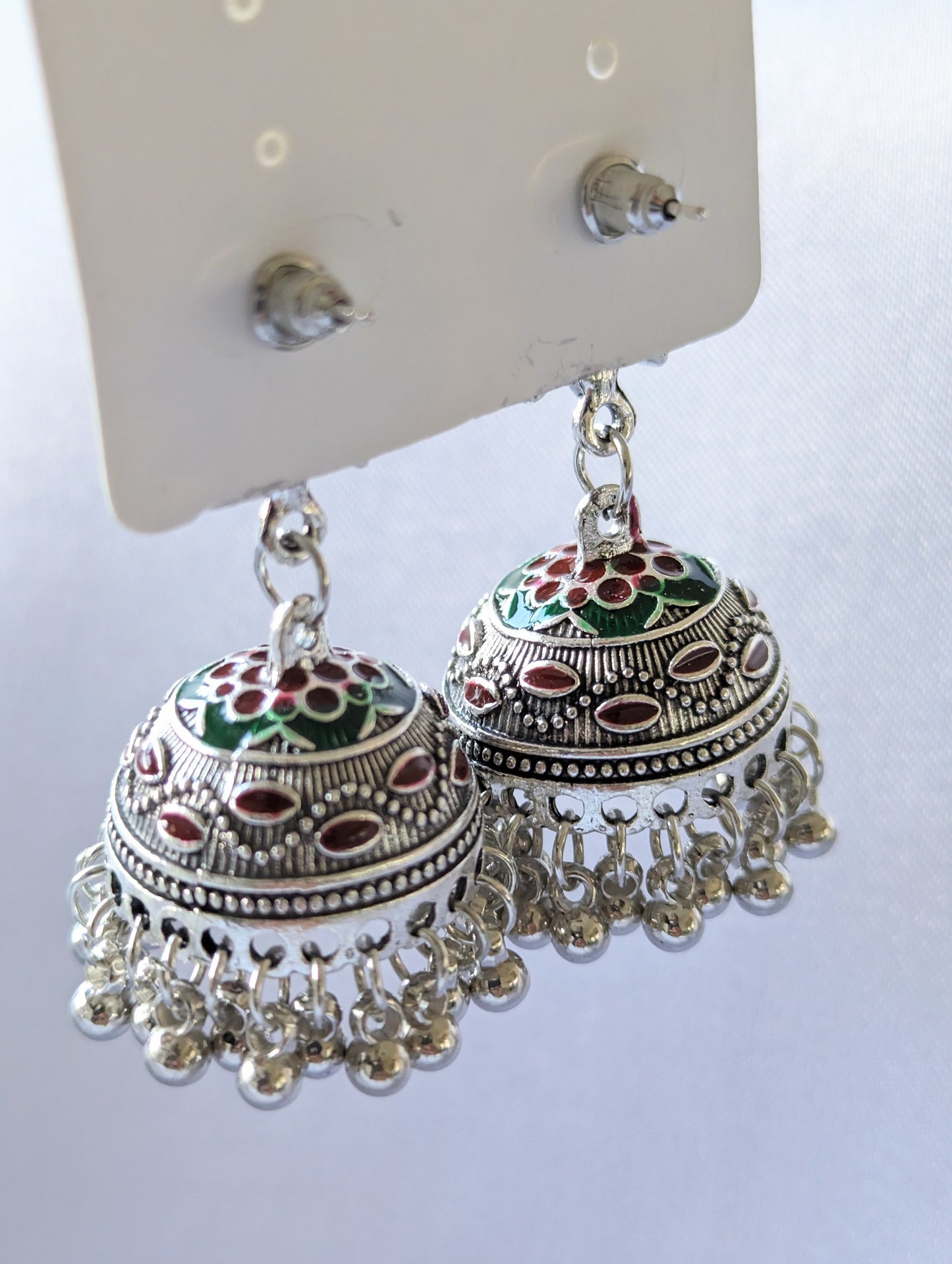 Green & Red Flower Silver Jhumki