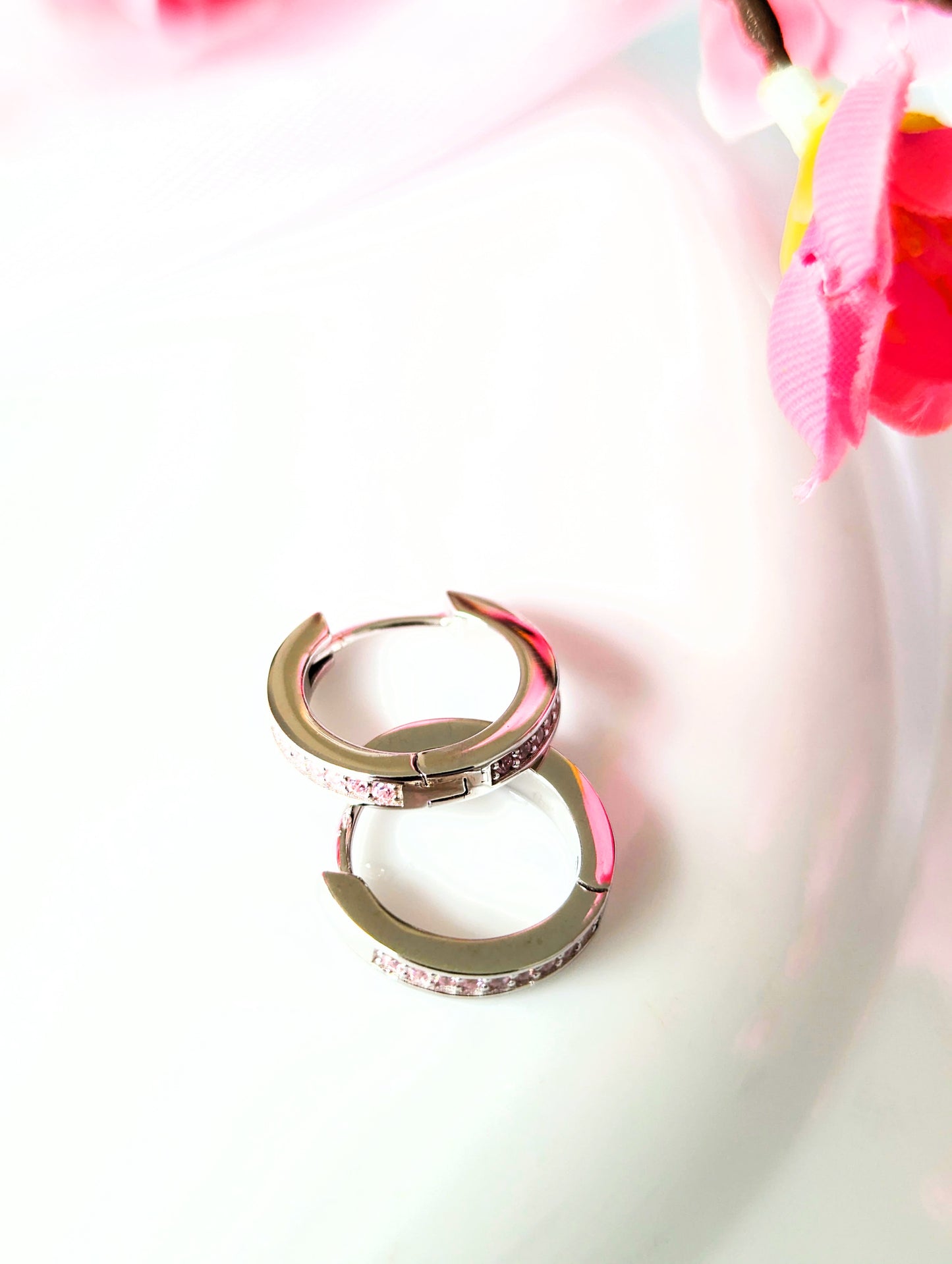 Light Pink Zirconia Sterling Silver Hoop Earrings