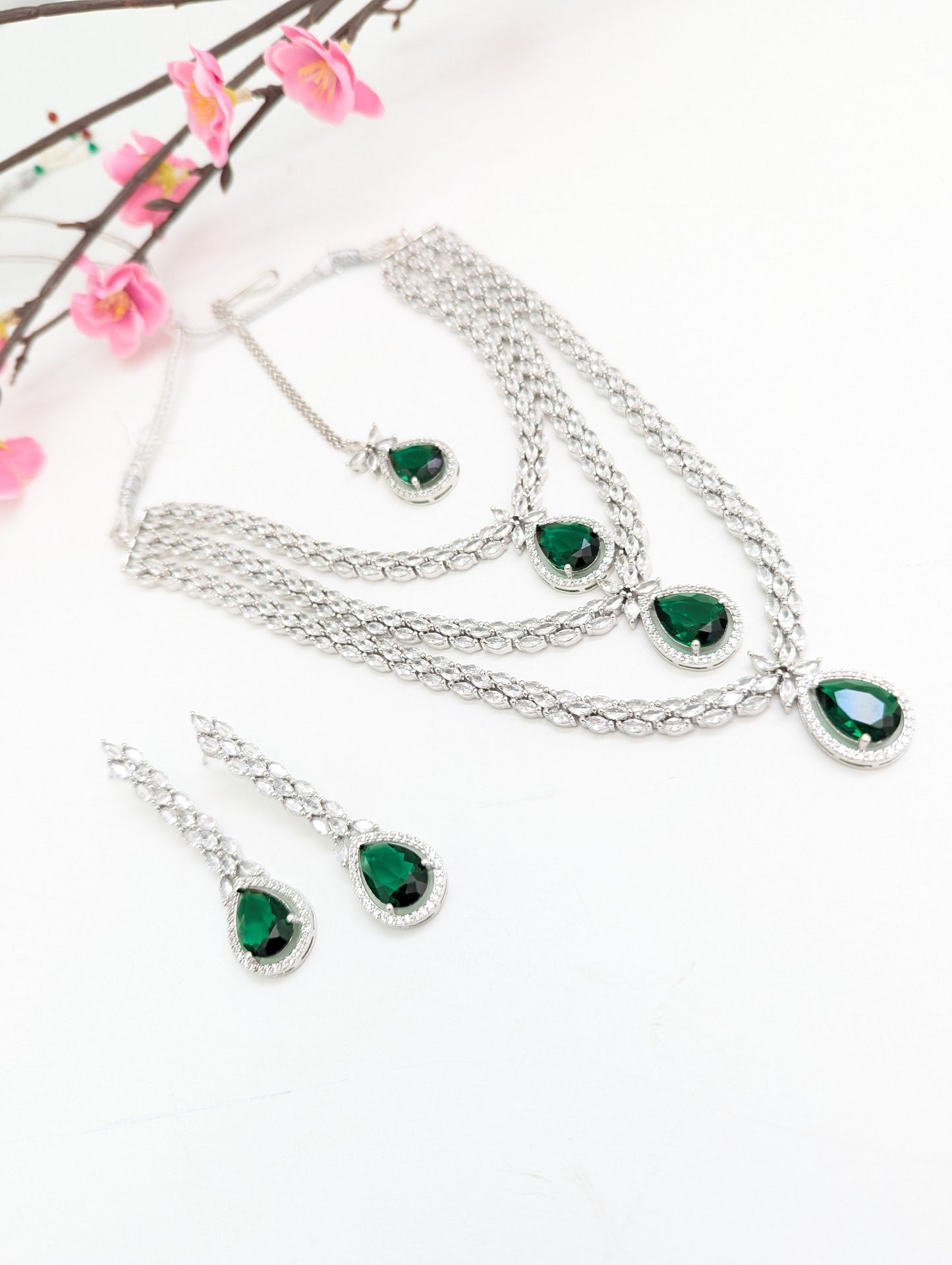 American Diamond/CZ Green Triple Layered/Stone Necklace Set