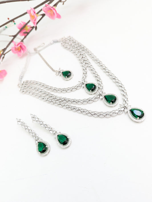 American Diamond/CZ Green Triple Layered/Stone Necklace Set