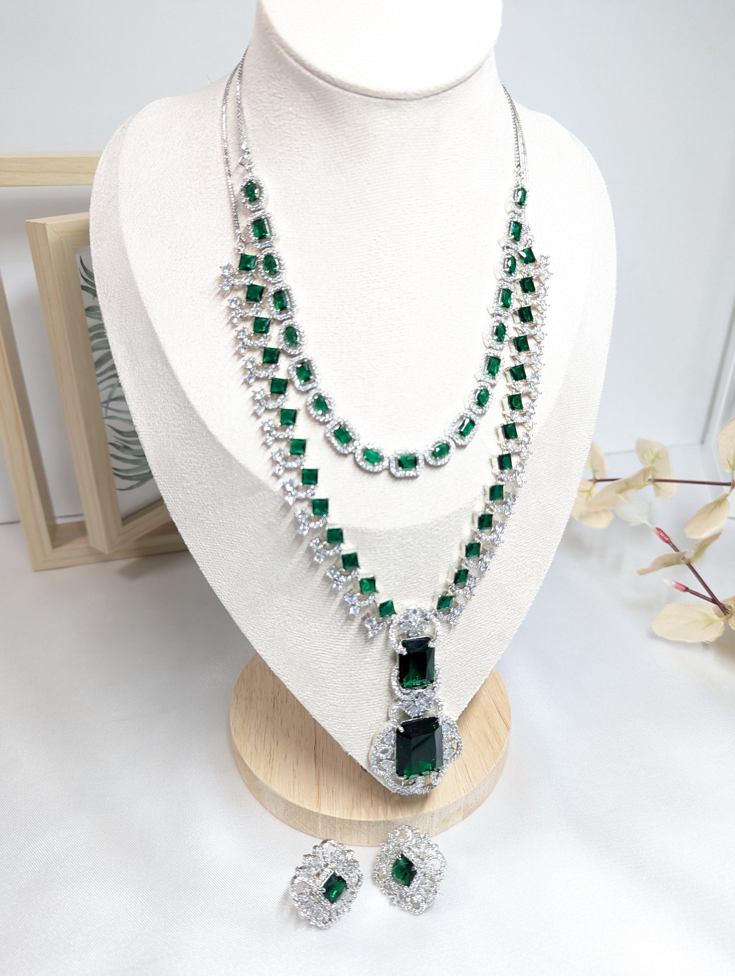 American Diamond/CZ Ambani Inspired Big Green Stone Silver Set