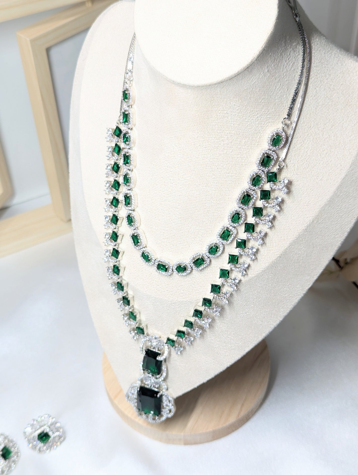 American Diamond/CZ Ambani Inspired Big Green Stone Silver Set