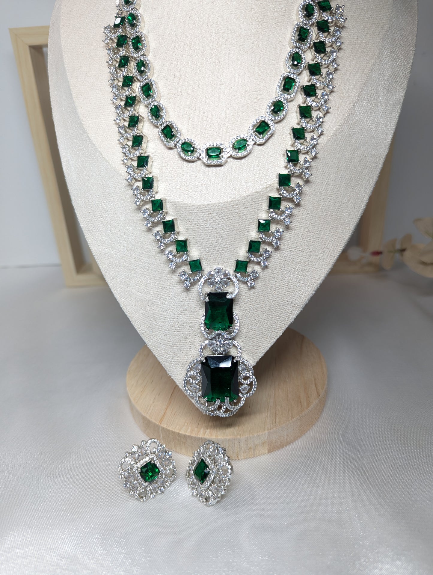 American Diamond/CZ Ambani Inspired Big Green Stone Silver Set