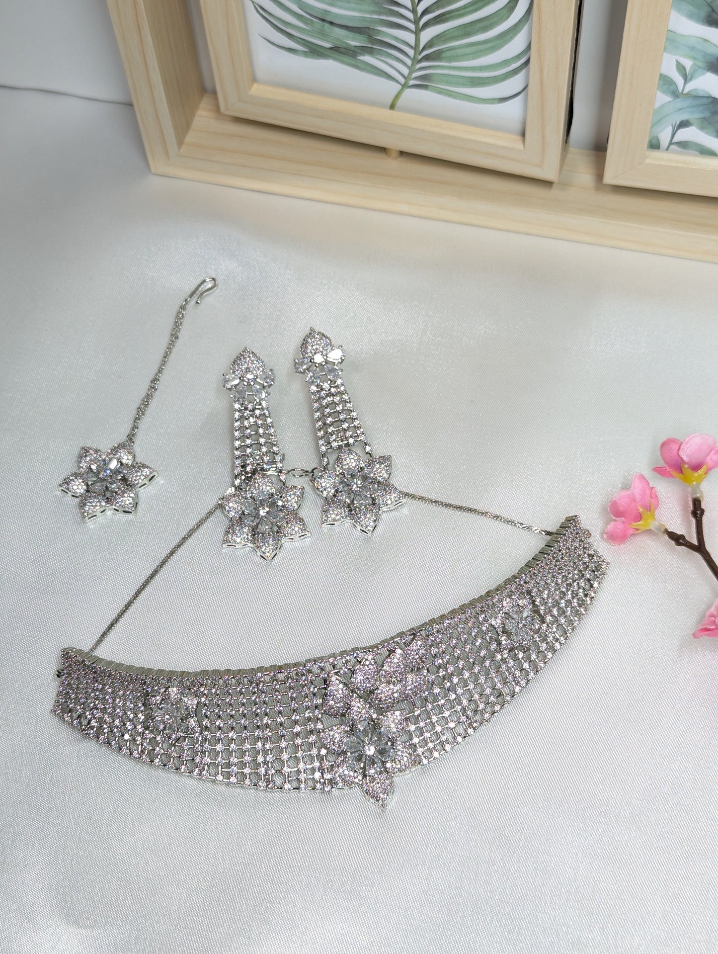 American Diamond/CZ Silver 3 Piece Choker Set