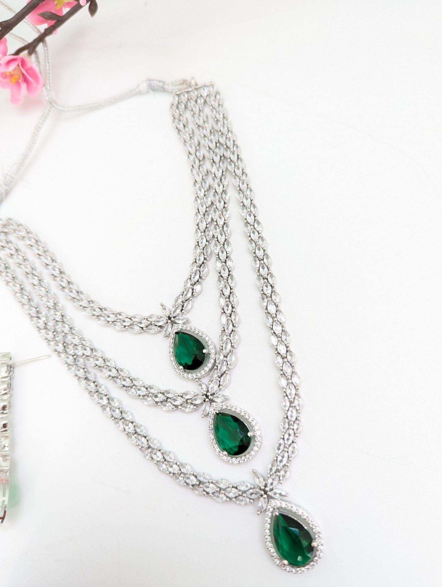 American Diamond/CZ Green Triple Layered/Stone Necklace Set