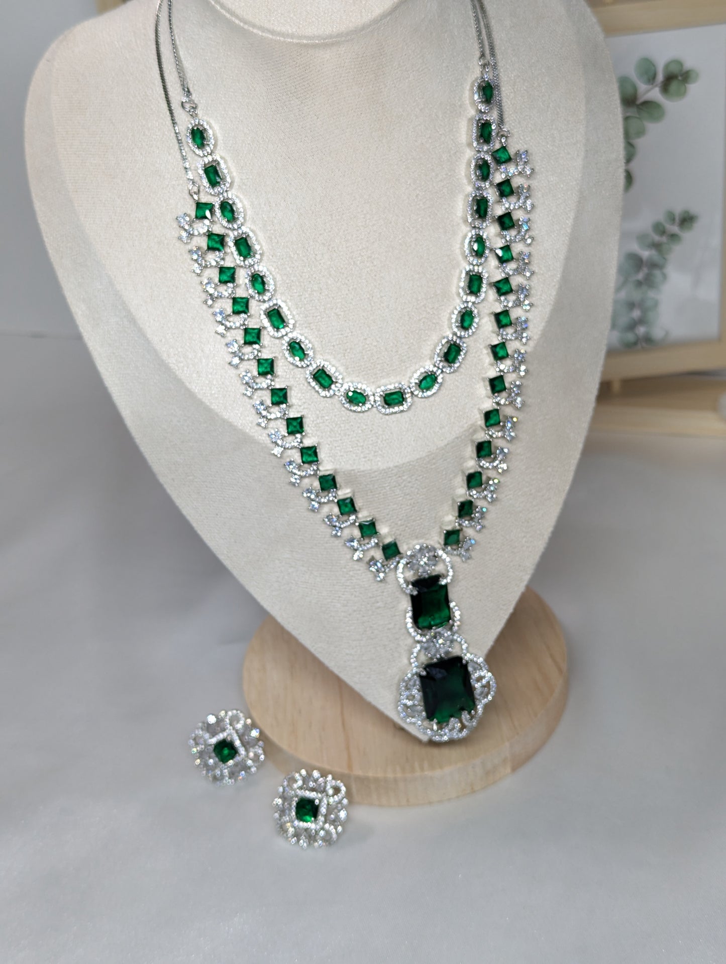 American Diamond/CZ Ambani Inspired Big Green Stone Silver Set