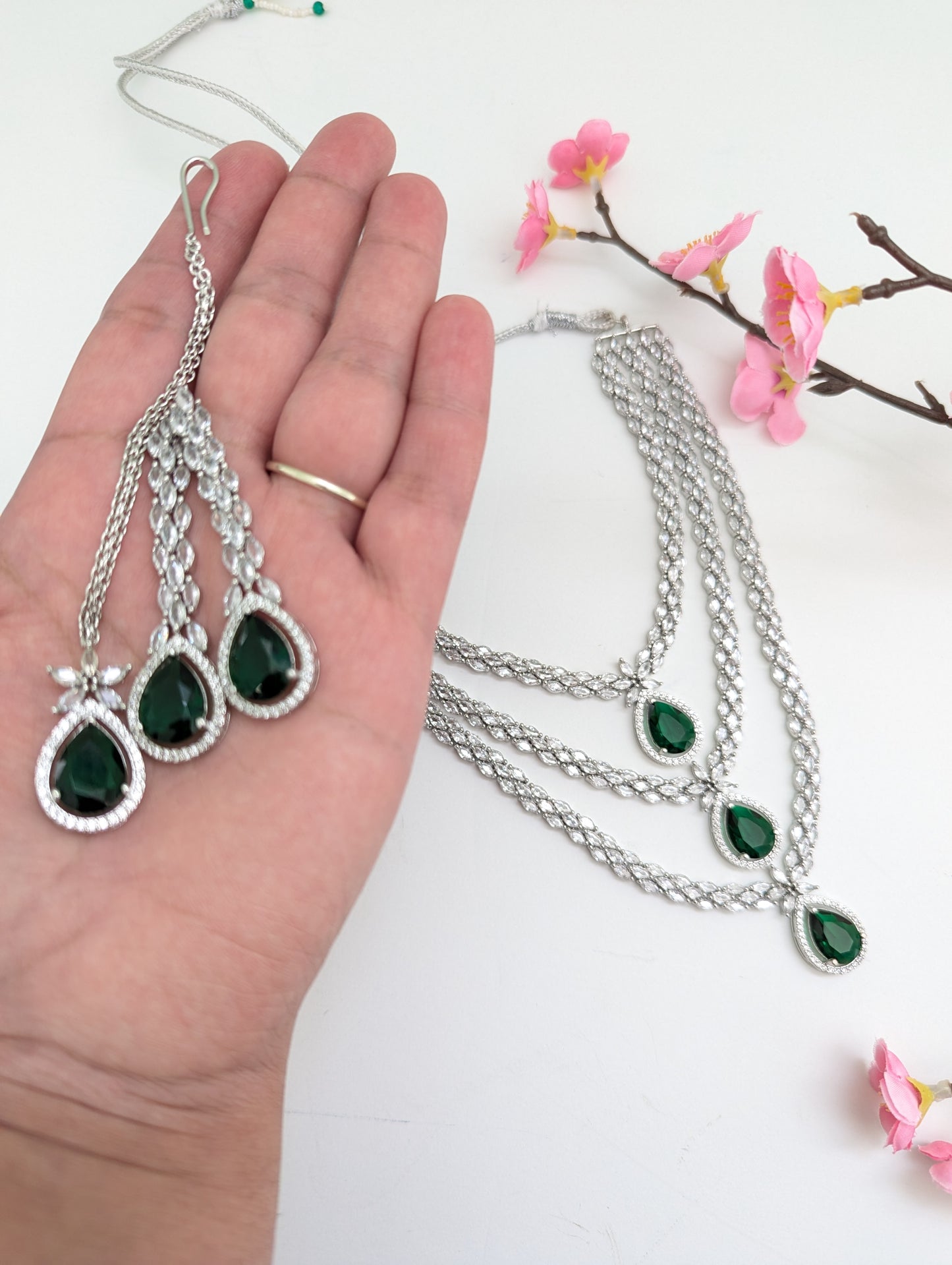 American Diamond/CZ Green Triple Layered/Stone Necklace Set