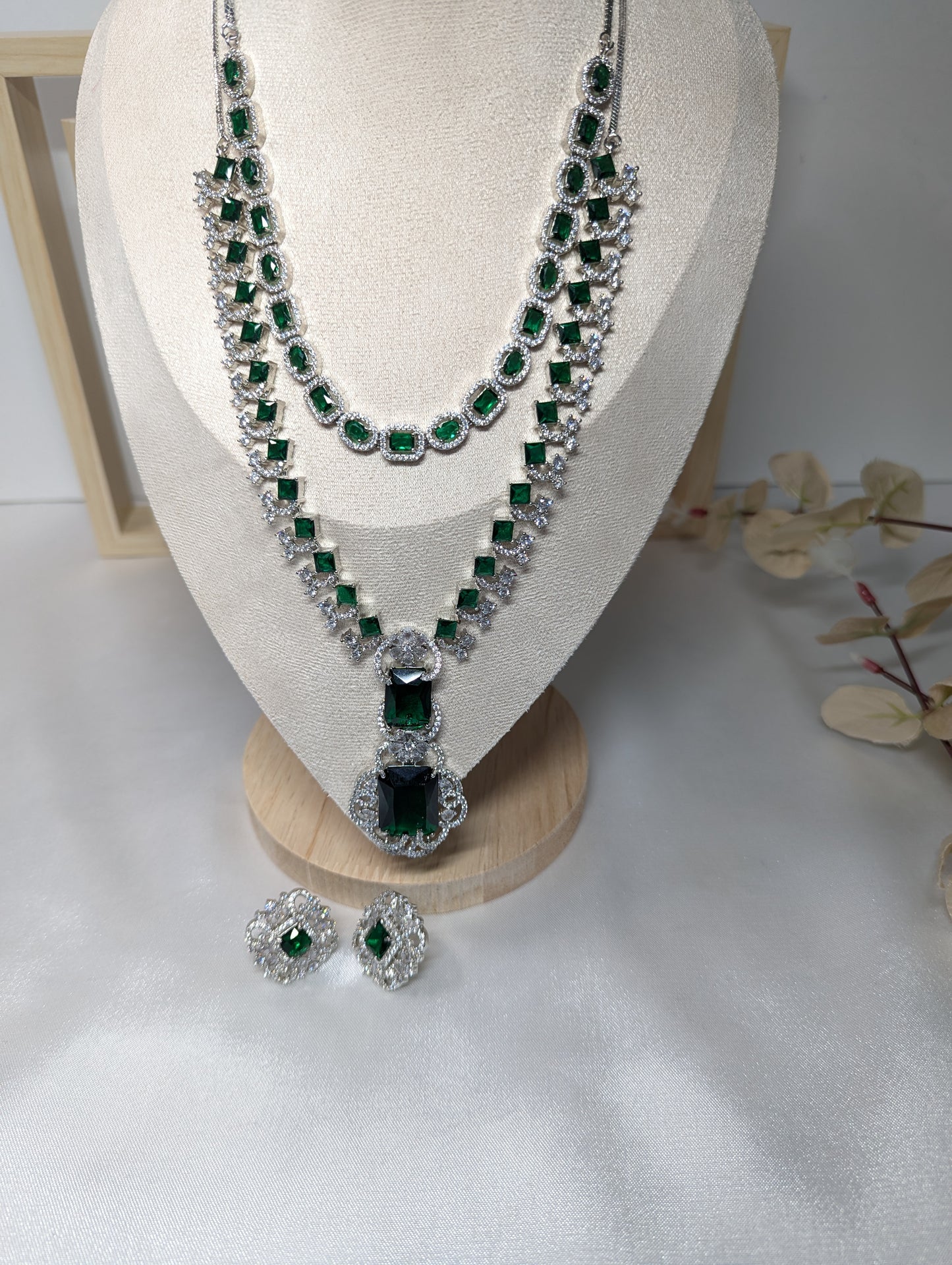 American Diamond/CZ Ambani Inspired Big Green Stone Silver Set