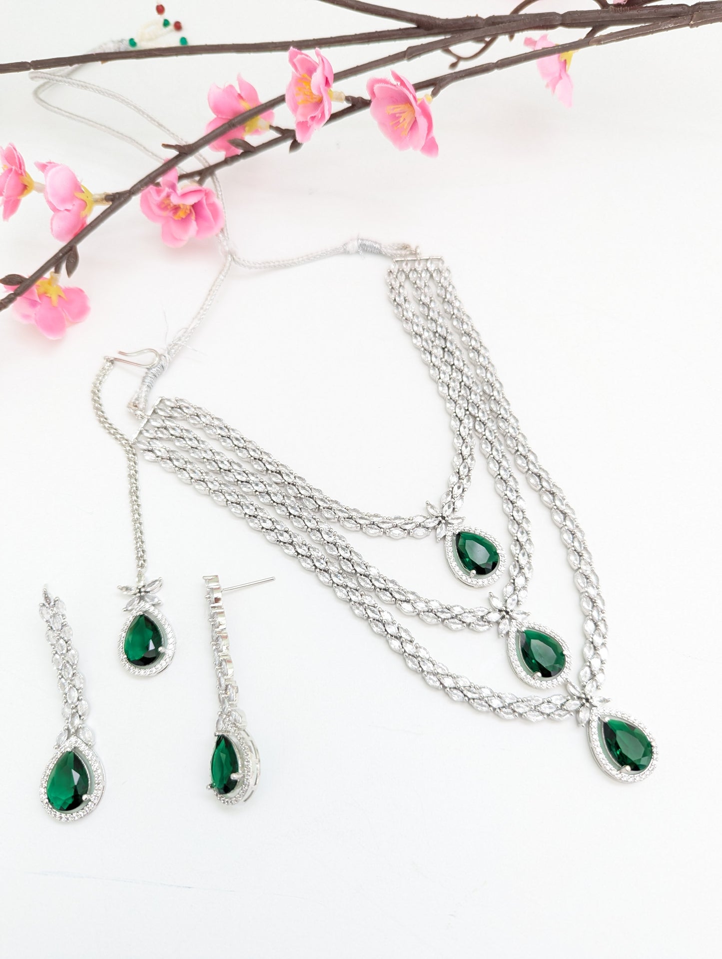 American Diamond/CZ Green Triple Layered/Stone Necklace Set