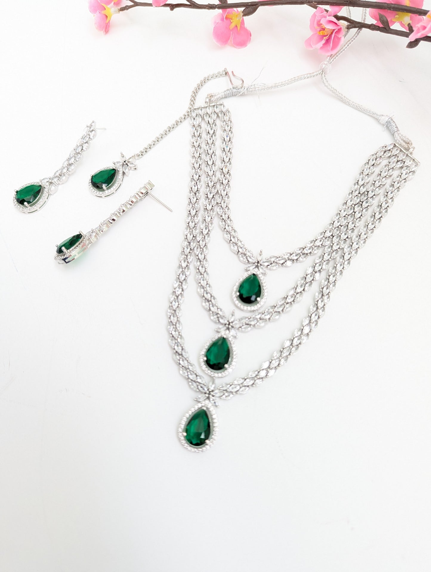 American Diamond/CZ Green Triple Layered/Stone Necklace Set