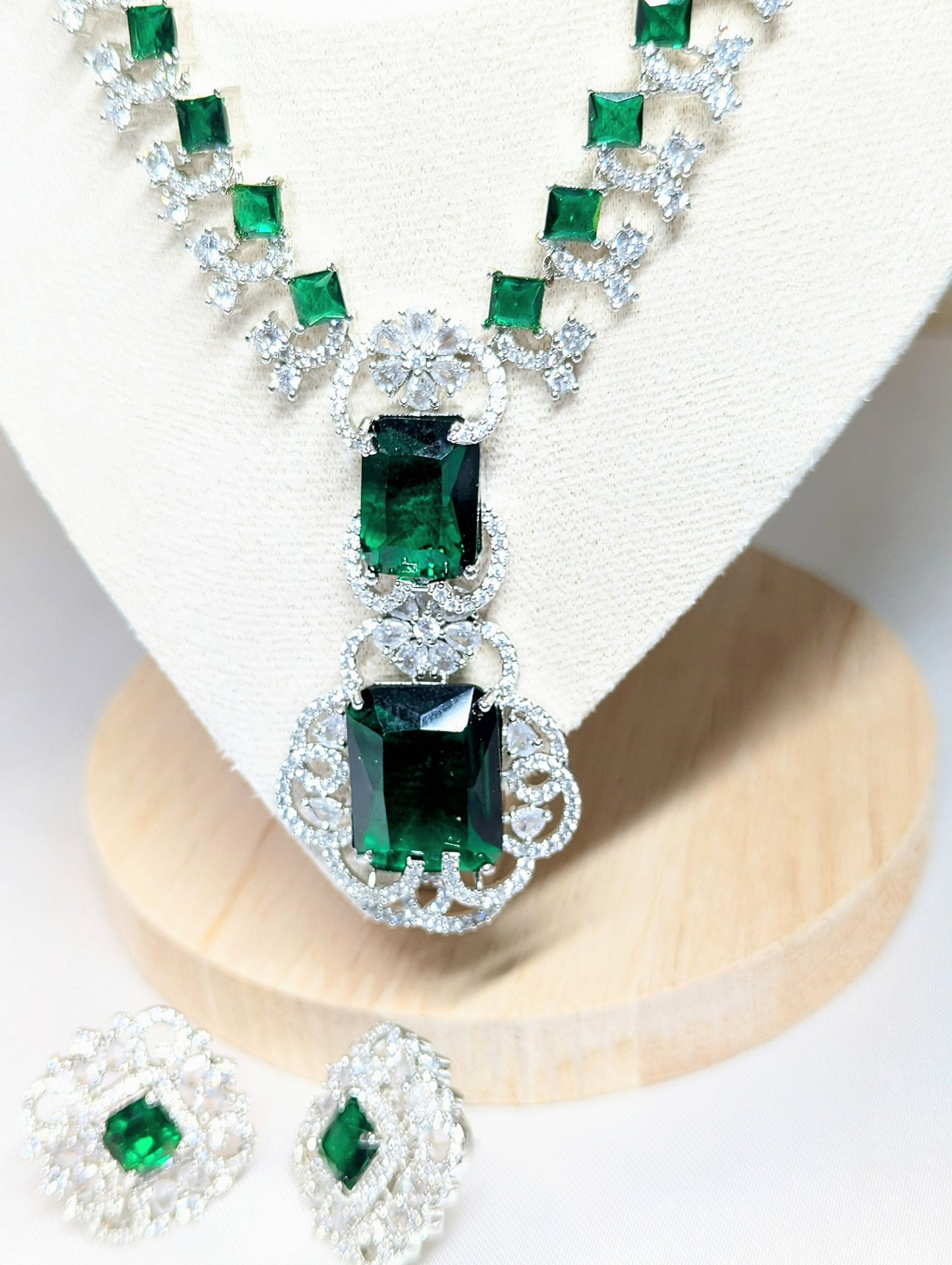 American Diamond/CZ Ambani Inspired Big Green Stone Silver Set