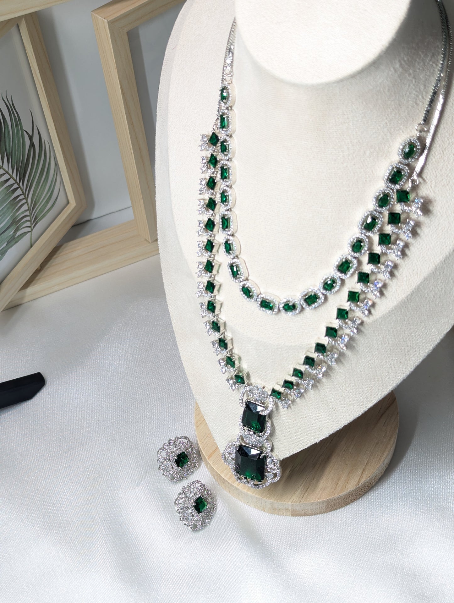 American Diamond/CZ Ambani Inspired Big Green Stone Silver Set