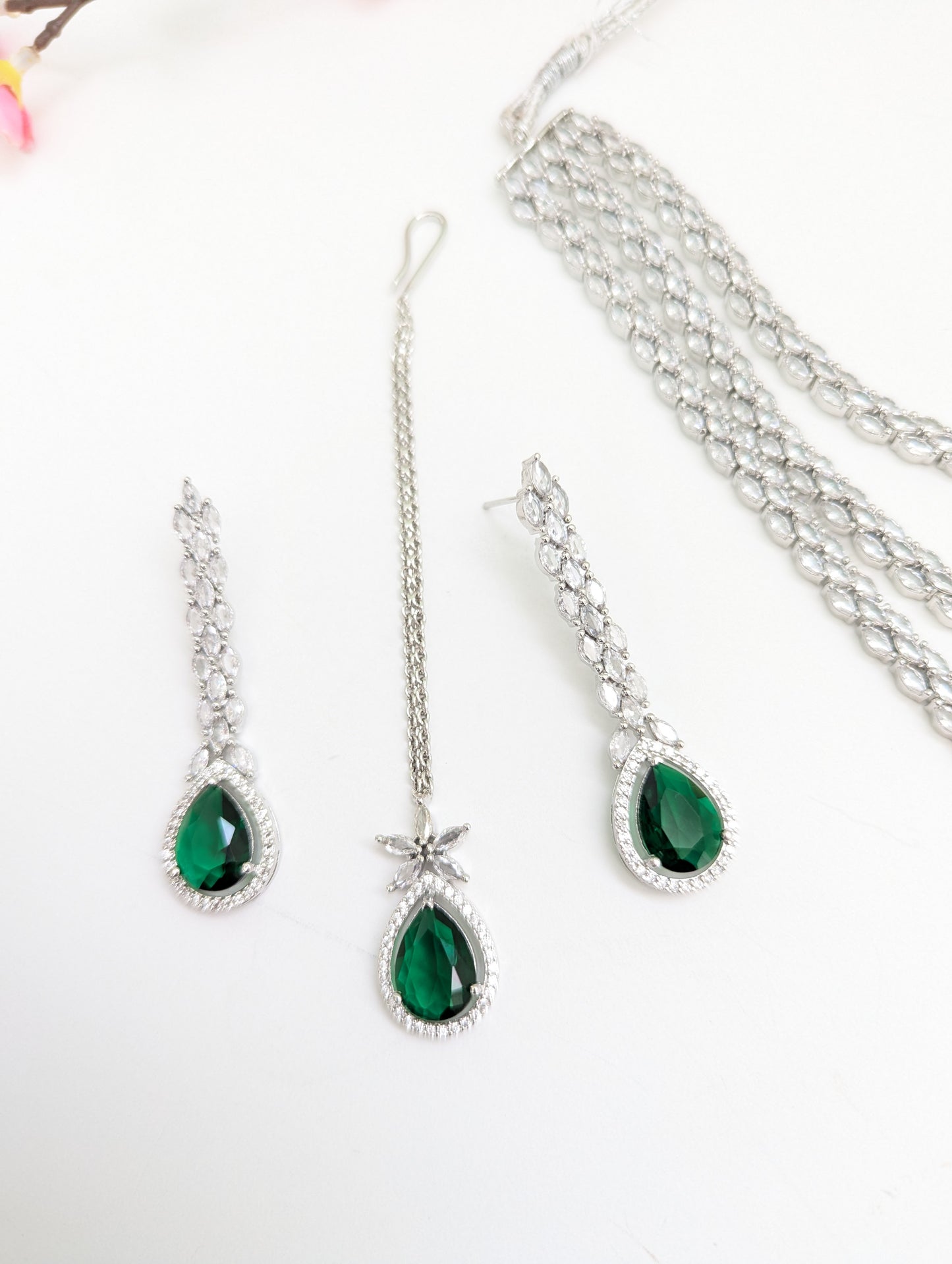 American Diamond/CZ Green Triple Layered/Stone Necklace Set