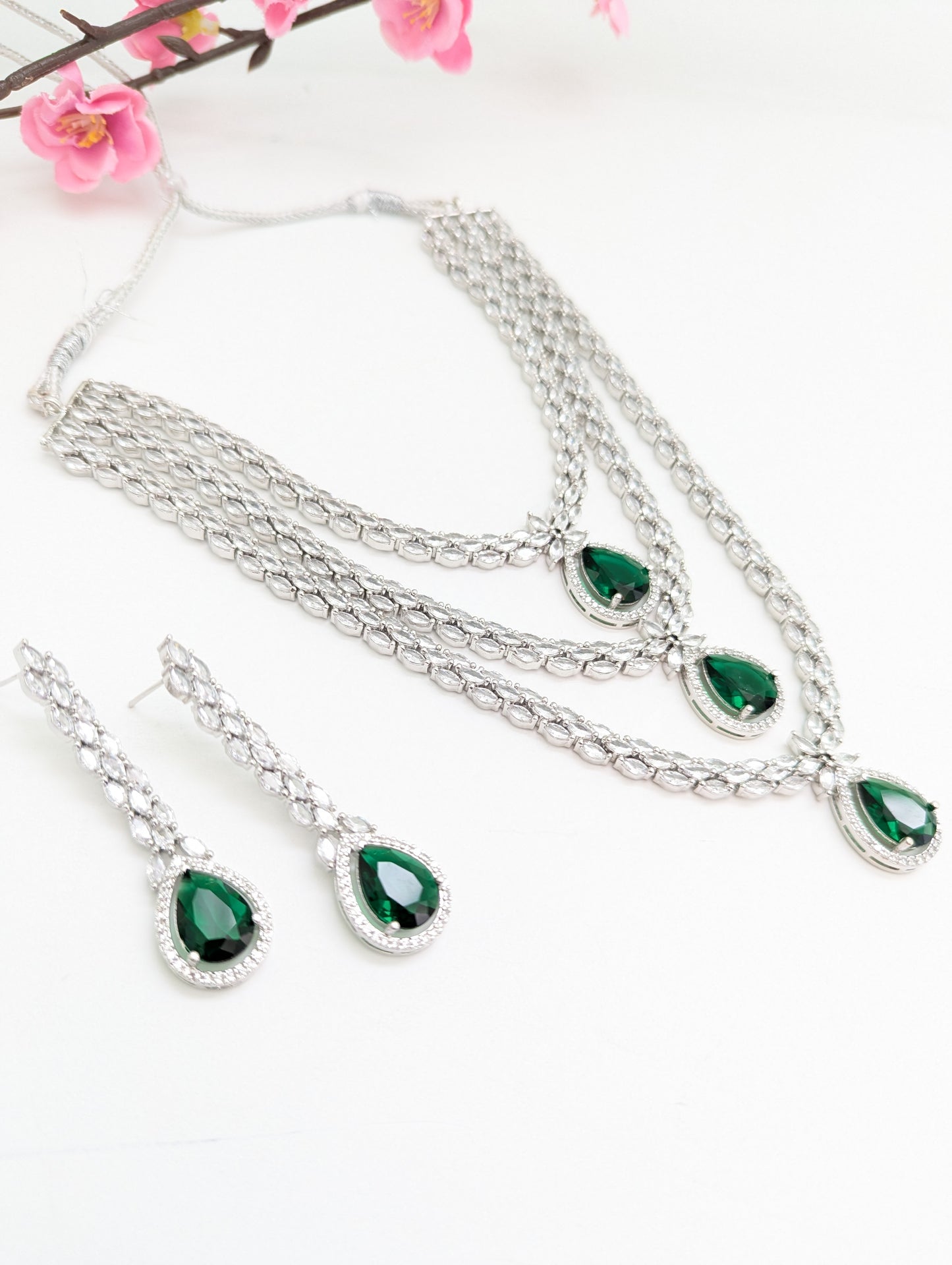 American Diamond/CZ Green Triple Layered/Stone Necklace Set