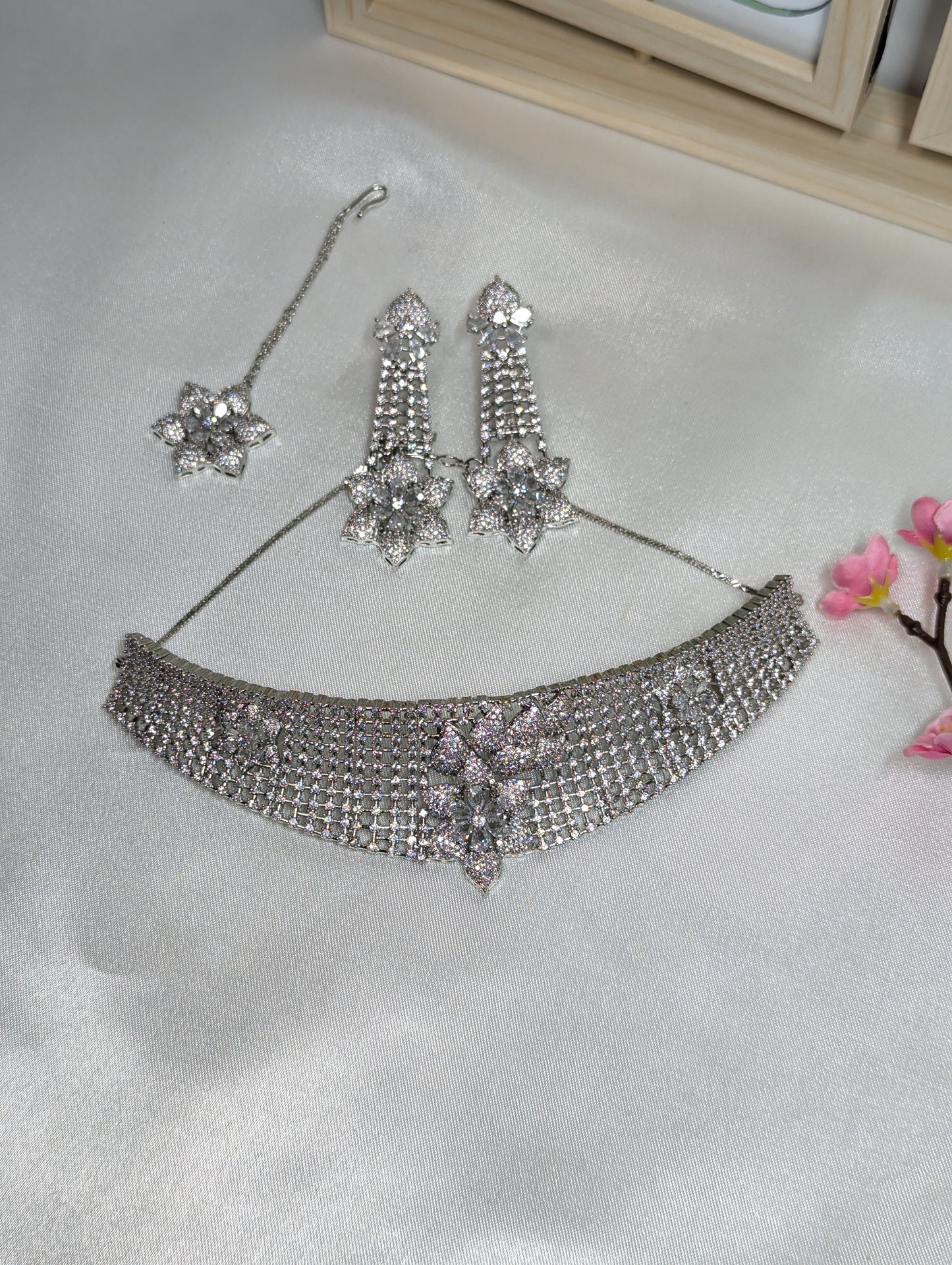 American Diamond/CZ Silver 3 Piece Choker Set