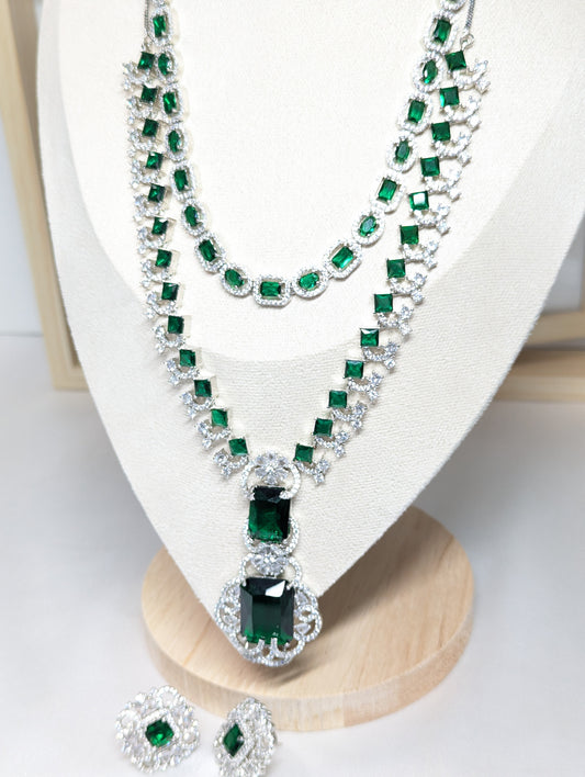 American Diamond/CZ Ambani Inspired Big Green Stone Silver Set