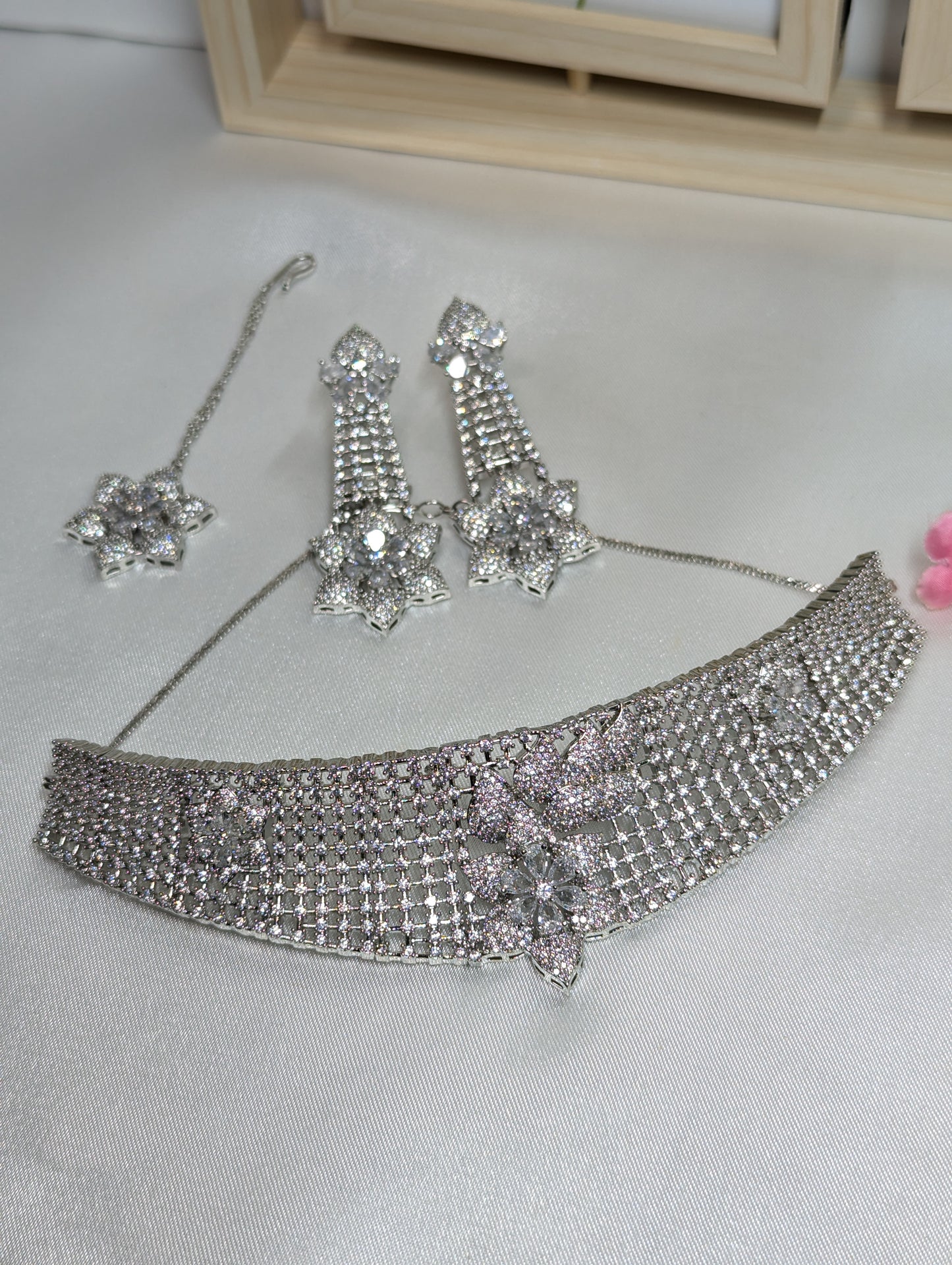 American Diamond/CZ Silver 3 Piece Choker Set