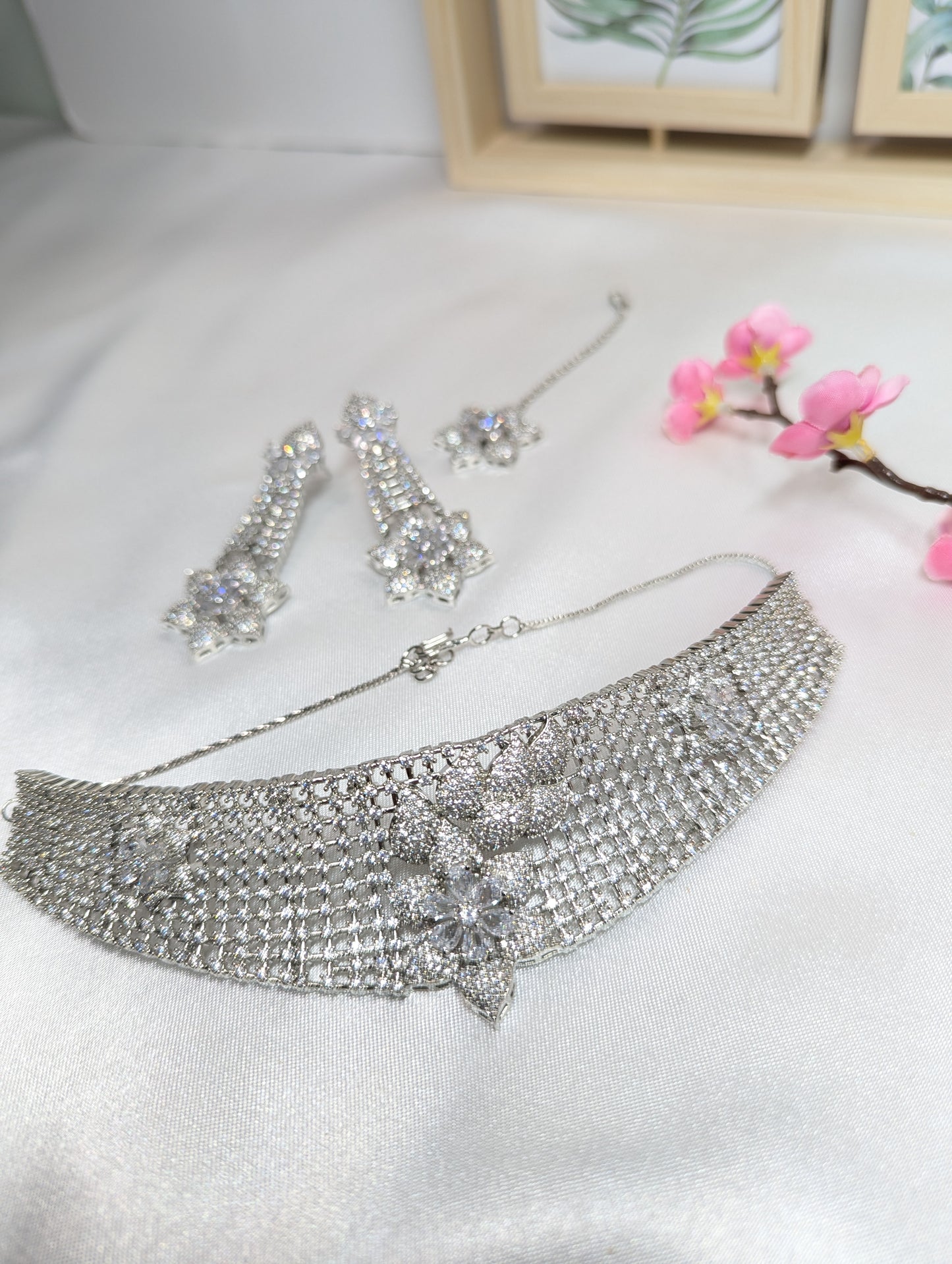 American Diamond/CZ Silver 3 Piece Choker Set